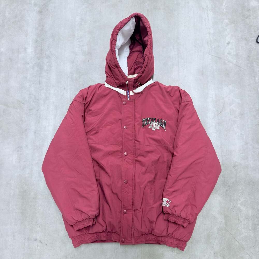 Vintage 90s Starter Texas A&M Aggies Hooded Puffer Jacket Maroon